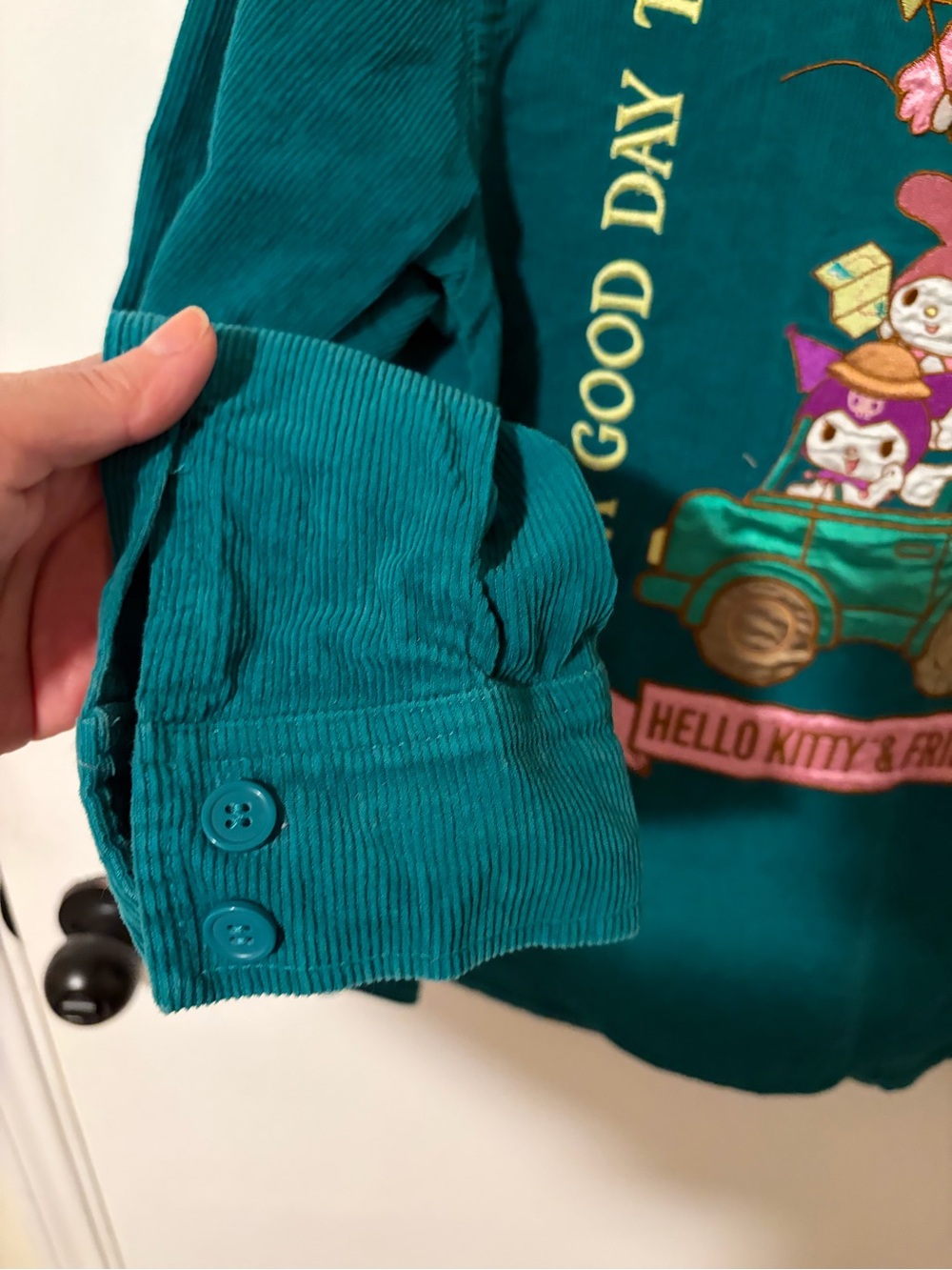 Hello Kitty Teal Corduroy Button-Down Shirt with Colorful Back Graphic - Picture 8 of 8